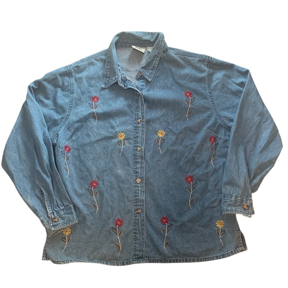 Mississippi River Blues denim button down with floral embroidery size L